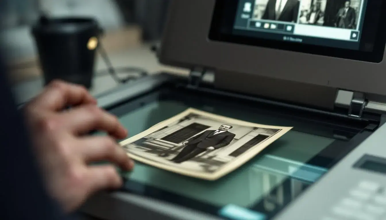 Um scanner de mesa digitaliza uma fotografia antiga em preto e branco, mostrando o processo de restauração ao converter a memória preciosa para edição online. O scanner está pronto para realçar detalhes e restaurar a qualidade desta imagem vintage.