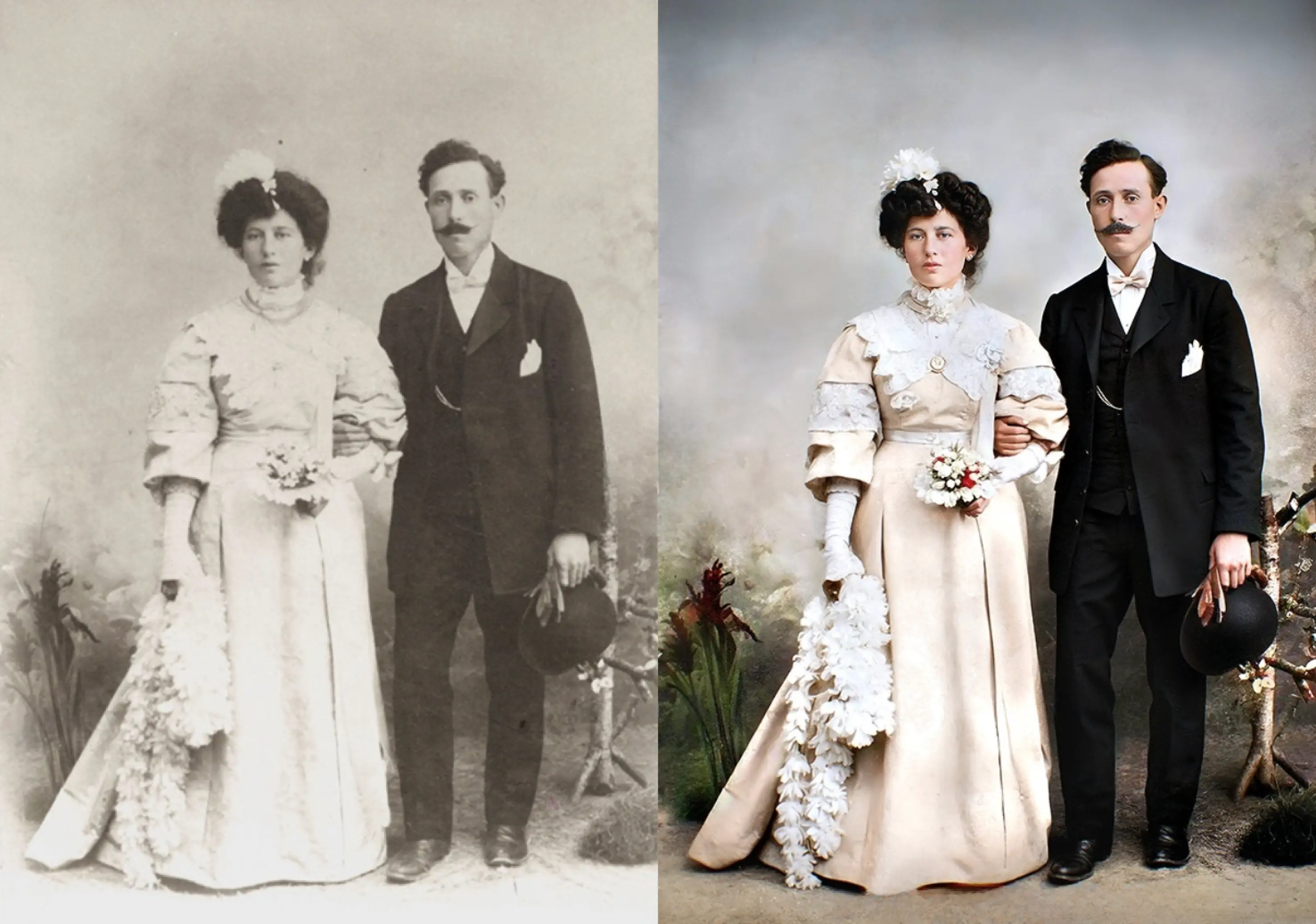 Comparação lado a lado de uma foto de casamento dos anos 1940 restaurada, mostrando a transformação de uma imagem em preto e branco desbotada e danificada para uma foto vibrante, aprimorada, com cores realistas e detalhes faciais melhorados, destacando a eficácia da restauração.