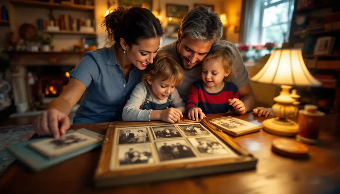 Uma família reunida examina alegremente fotografias vintage restauradas, mostrando fotos antigas em preto e branco e em colorido. A imagem captura sorrisos e nostalgia enquanto relembram memórias preciosas, destacando o processo de restauração que deu nova vida a essas imagens.