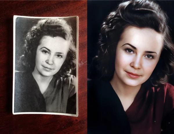 Before and after comparison showing an old damaged black and white photo restored to vibrant color using AI technology