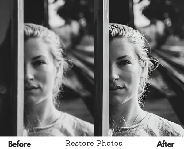 Before and after comparison showing photo restoration results
